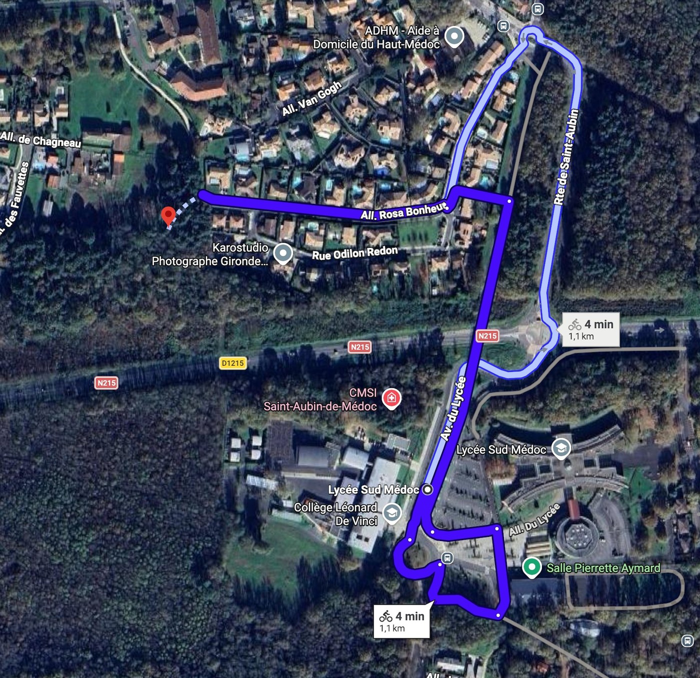 Itinéraire cyclable depuis L'Orée des Pins vers le Lycée Sud Médoc — 4 min / 1,1 km